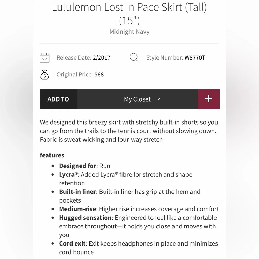 Lululemon Lost in Pace Midnight Navy Skirt *Tall* 15” size 8 - Picture 4 of 8